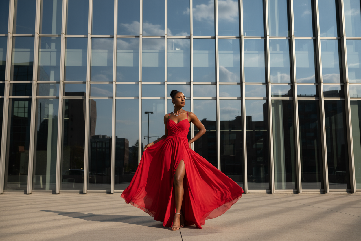  lady in red dress in front of a modern building looking stunning ,dark lady 